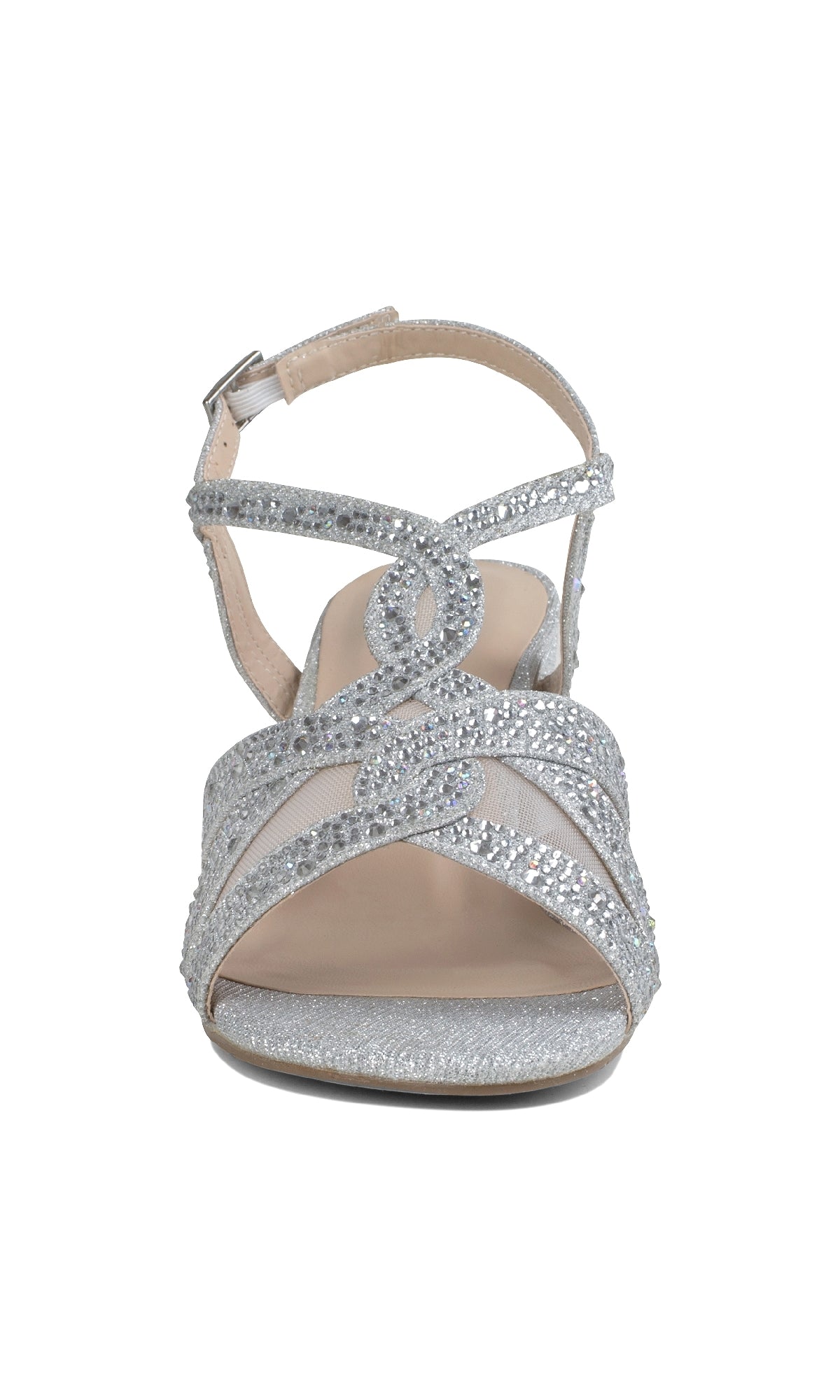 Front view of the Nadia Silver Prom Shoes: Paradox London P2208, featuring a silver shimmer finish, rhinestone embellishments, open toe, sturdy block heels, and an ankle strap with buckle.